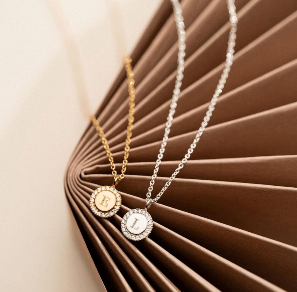 Engraved tiny pavè initial coin necklace