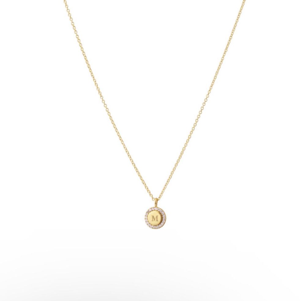 Engraved tiny pavè initial coin necklace