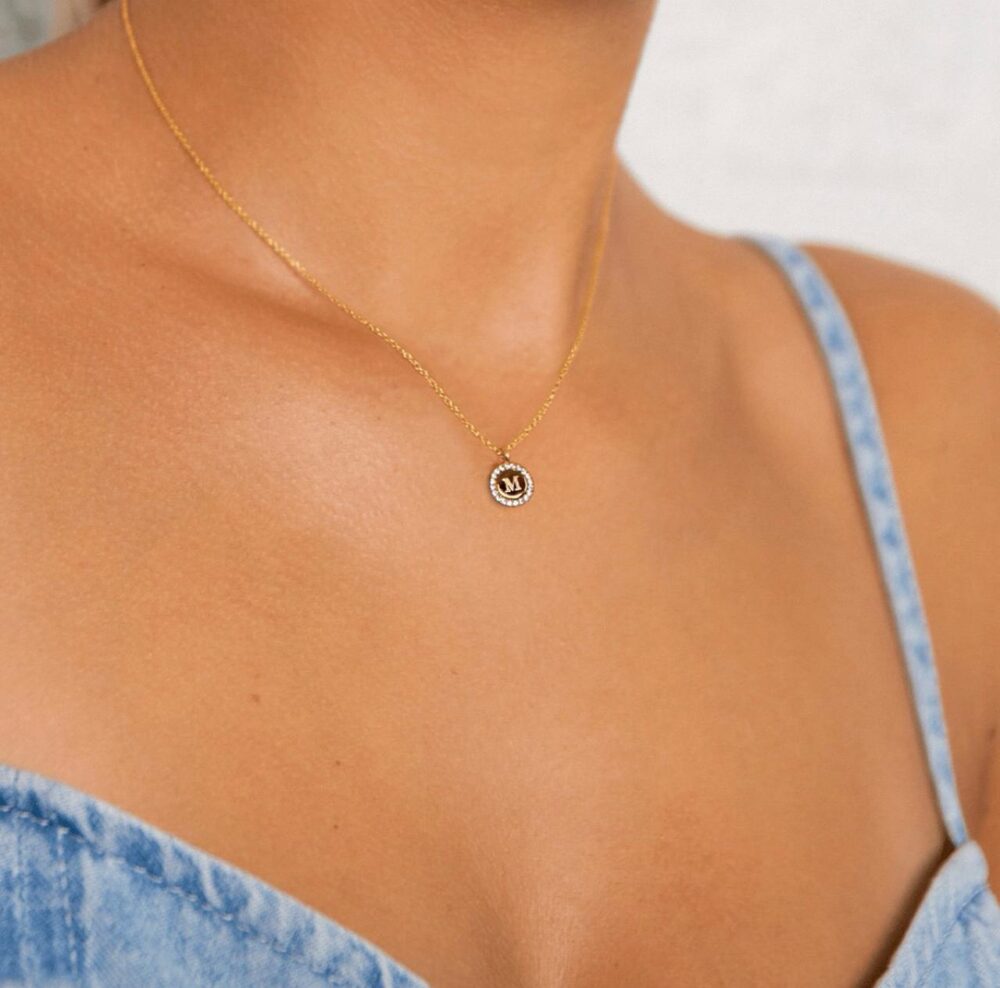 Engraved tiny pavè initial coin necklace